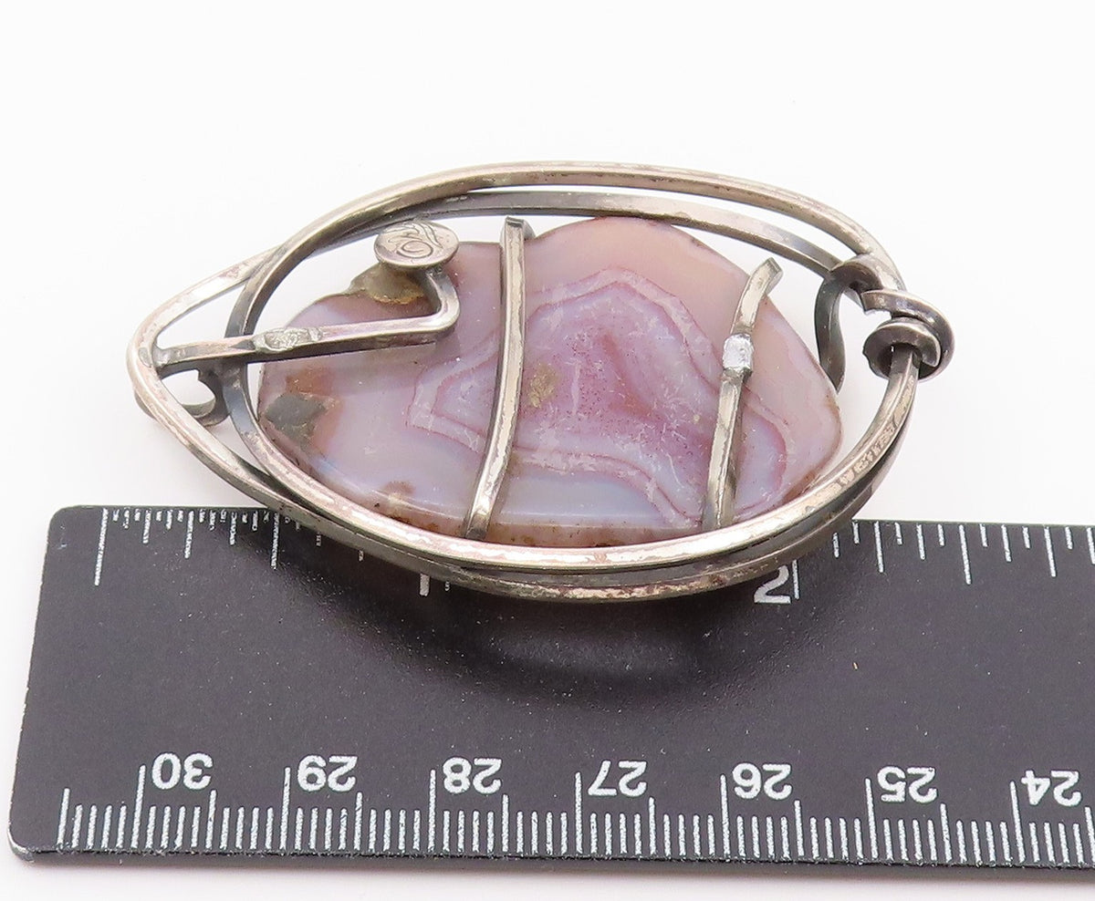 925 Sterling Silver Vintage Pendant ORB Banded Agate Wire Wrapped Locket PT26435