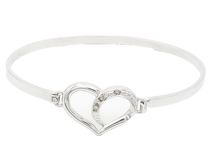 925 Sterling Silver  Genuine Diamonds Love Heart Hook Bangle Bracelet  BT6422