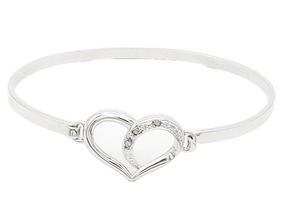 925 Sterling Silver  Genuine Diamonds Love Heart Hook Bangle Bracelet  BT6422