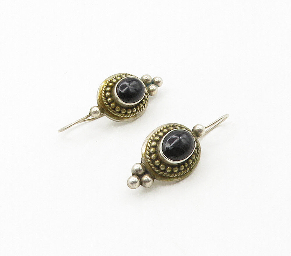925 Sterling Silver  Vintage Cabochon Cut Black Onyx Drop Earrings  EG8414
