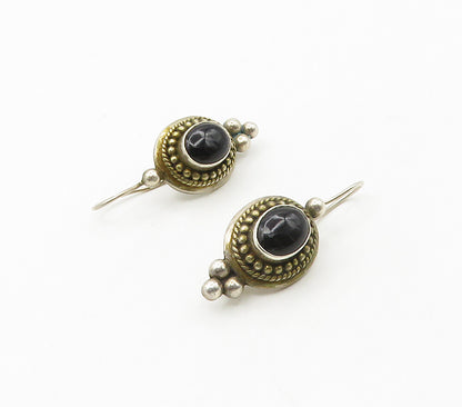 925 Sterling Silver  Vintage Cabochon Cut Black Onyx Drop Earrings  EG8414