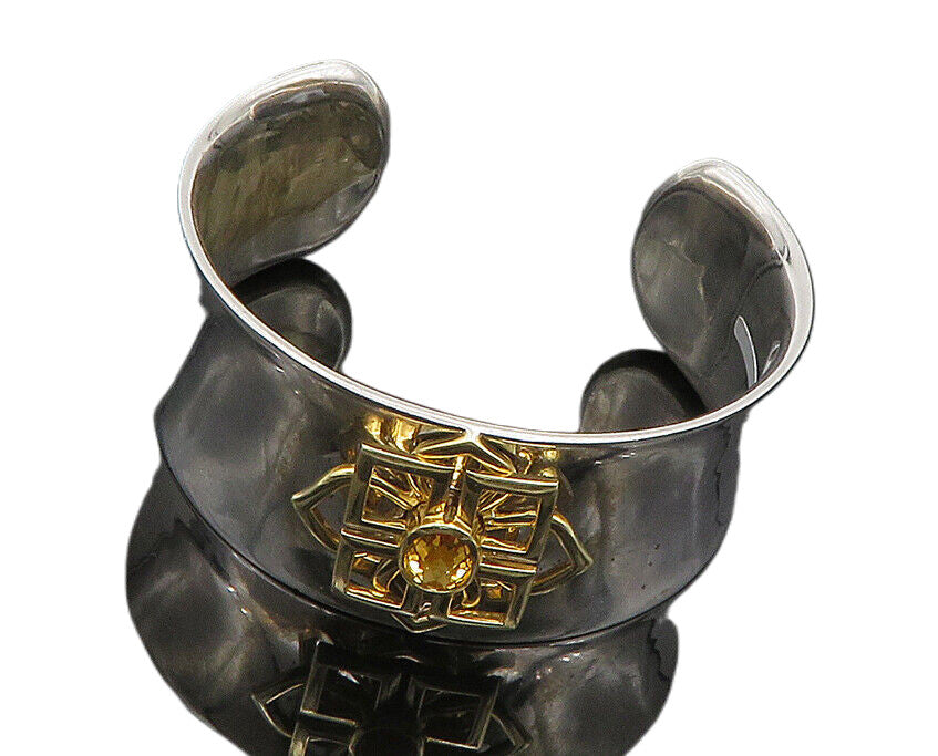 925 Sterling Silver & 14K GOLD Vintage Real Citrine Floral Cuff Bracelet  BT8093