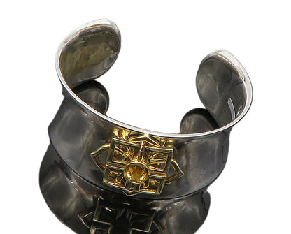 925 Sterling Silver & 14K GOLD Vintage Real Citrine Floral Cuff Bracelet  BT8093
