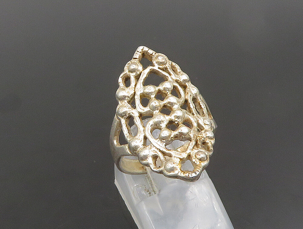 925 Sterling Silver  Vintage Open Beaded Detail Navette Ring Sz 7.5  RG25134