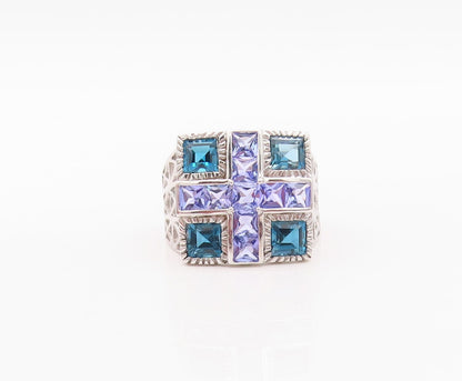 925 Sterling Silver Vintage Ring Square Cut Purple & Blue CZ  Sz 7.5  RG29952
