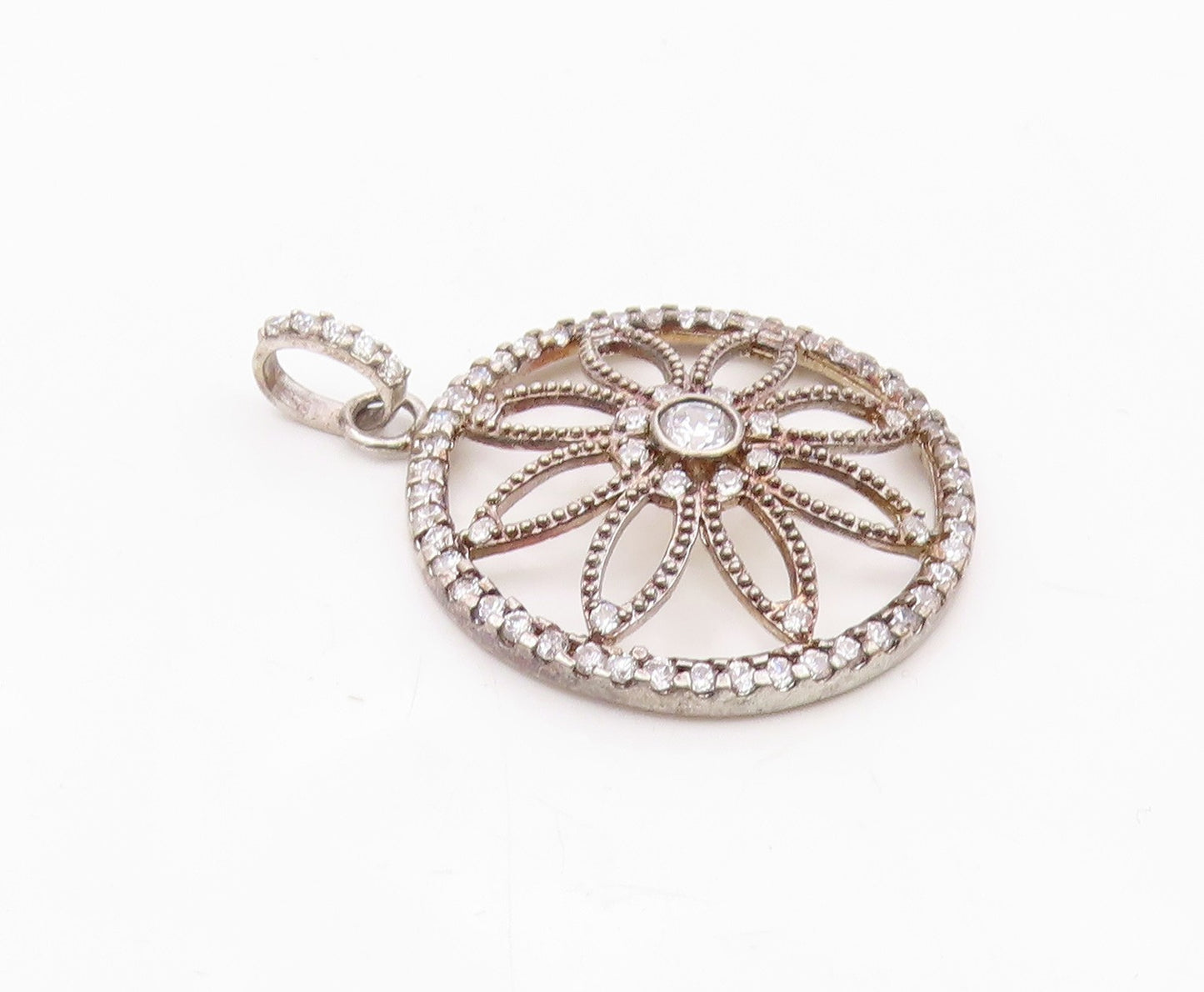 925 Sterling Silver  Vintage Cubic Zirconia Open Flower Motif Pendant  PT18476
