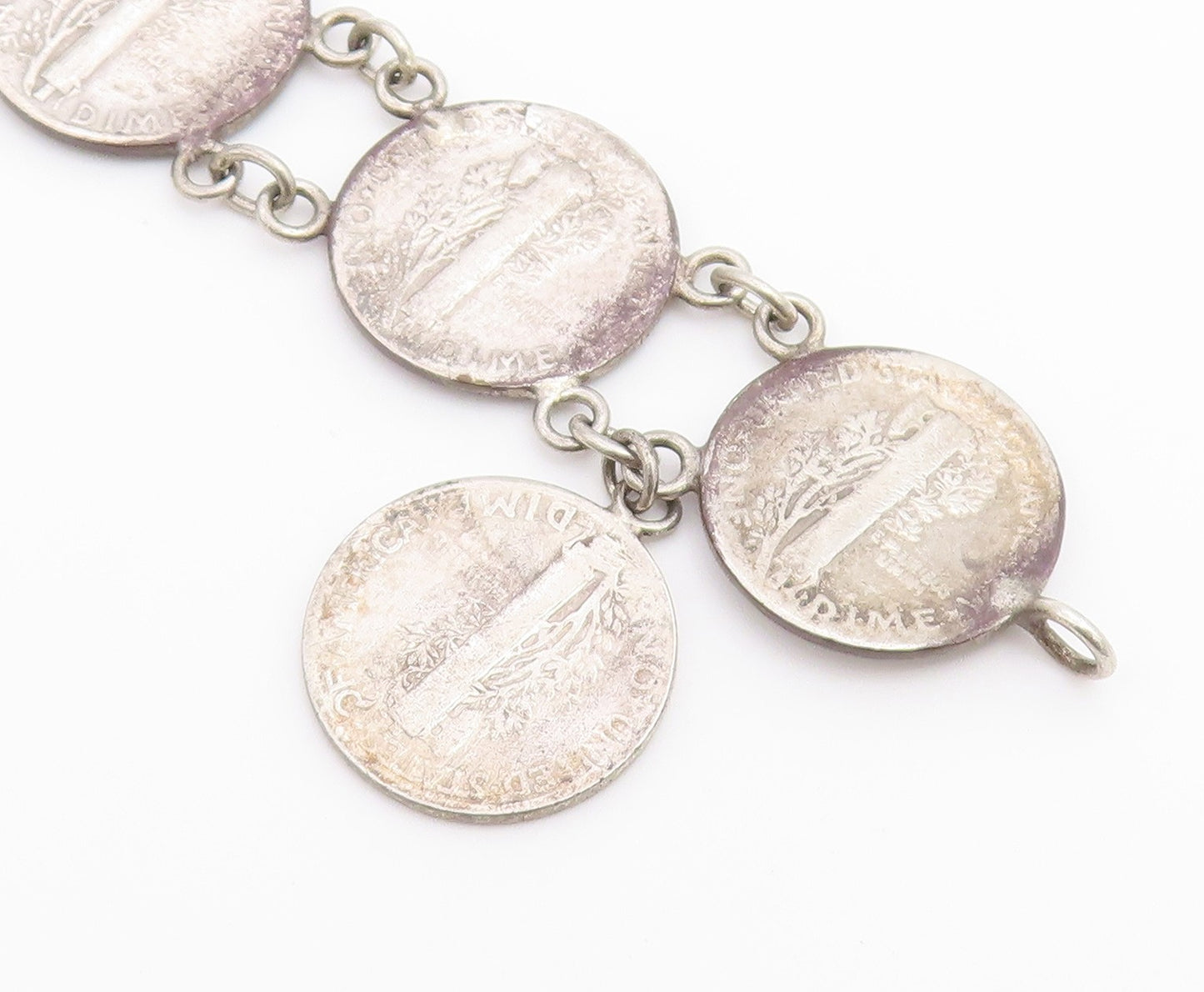 925 Sterling Silver Vintage Bracelet Classic US Mercury Dime Coin Link  BT12219