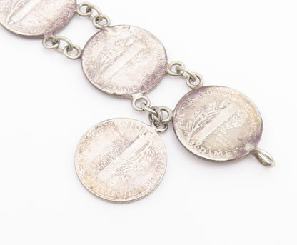 925 Sterling Silver Vintage Bracelet Classic US Mercury Dime Coin Link  BT12219