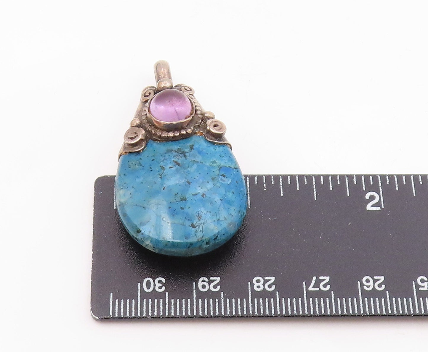 925 Sterling Silver  Vintage Blue Turquoise & Amethyst Swirl Pendant  PT19267