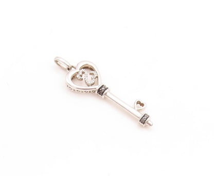 925 Sterling Silver Vintage Pendant White & Black Diamonds Key Of Love  PT23762