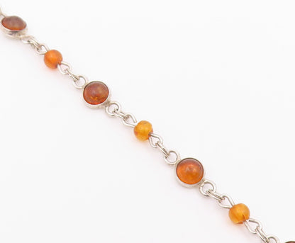 925 Sterling Silver  Vintage Cabochon Cut Amber Round Chain Bracelet  BT6849