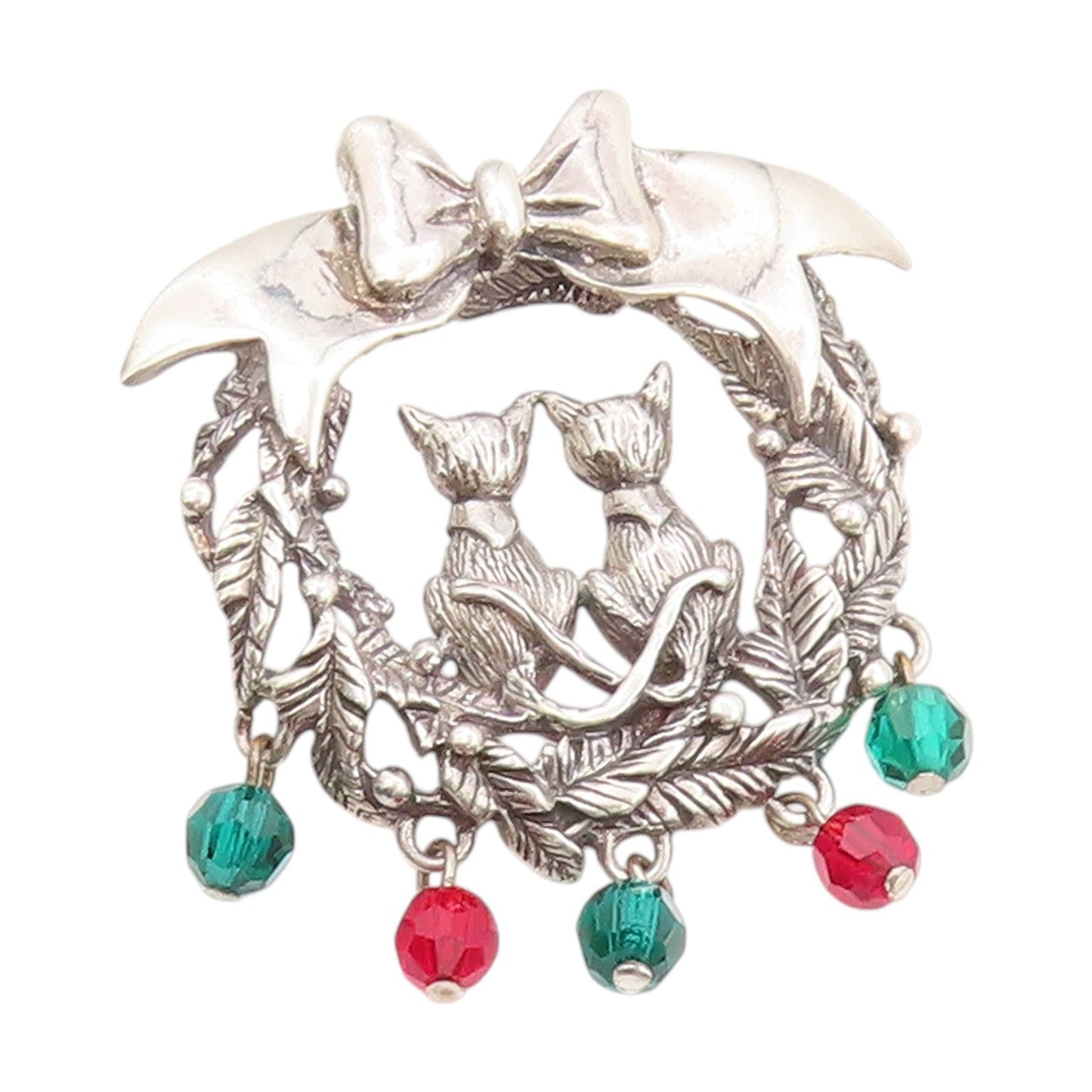 925 Sterling Silver Vintage Brooch Holiday Cat Couple Floral Design Pin  BP11875
