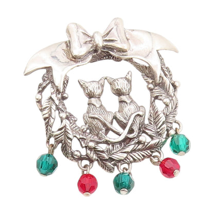 925 Sterling Silver Vintage Brooch Holiday Cat Couple Floral Design Pin  BP11875