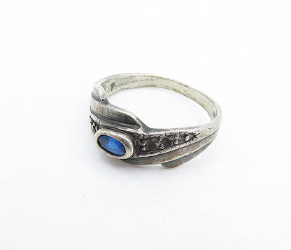 925 Sterling Silver  Vintage Blue Topaz Oxidized Solitaire Ring Sz 6.5  RG7631