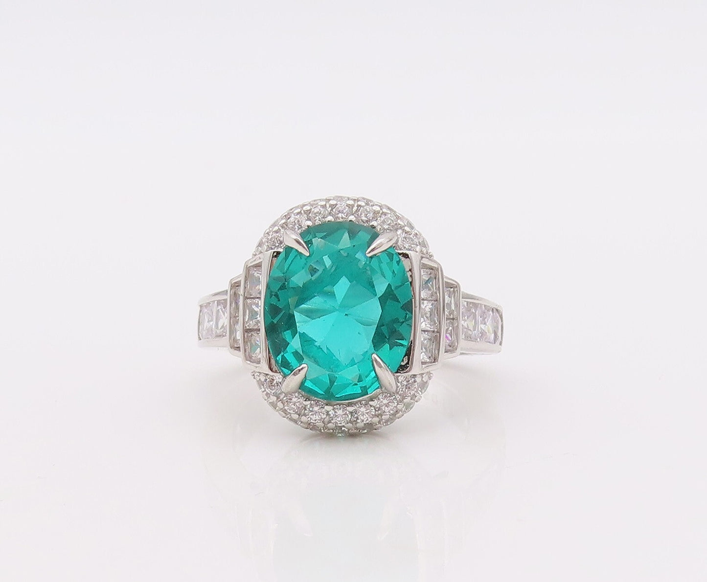 925 Sterling Silver Vintage Ring Round Sea Green Halo White CZ  Sz 7.5  RG29898