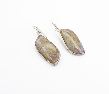 925 Sterling Silver  Vintage Brown Agate Shiny Bail Dangle Earrings  EG3187