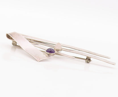 925 Sterling Silver Vintage Brooch Amethyst & Rose Quartz Modernist Pin  BP12575