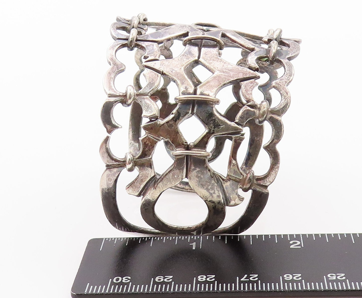 925 Sterling Silver Vintage Bracelet Dark Tone Cutout Heart Linked Cuff  BT11127