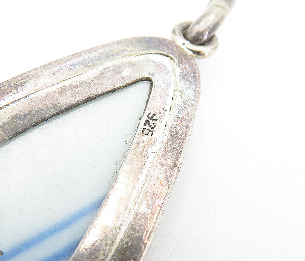 925 Sterling Silver  Vintage Enamel Floral Art Tear Drop Pendant  PT4045