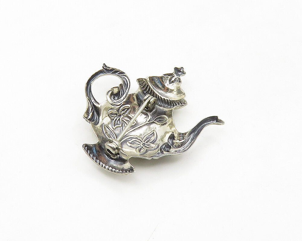 925 Sterling Silver  Vintage Floral Swirl Etched Tea Pot Brooch Pin  BP7089