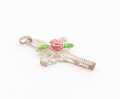 925 Sterling Silver  Vintage Rose Flower Religious Cross Pendant  PT19455