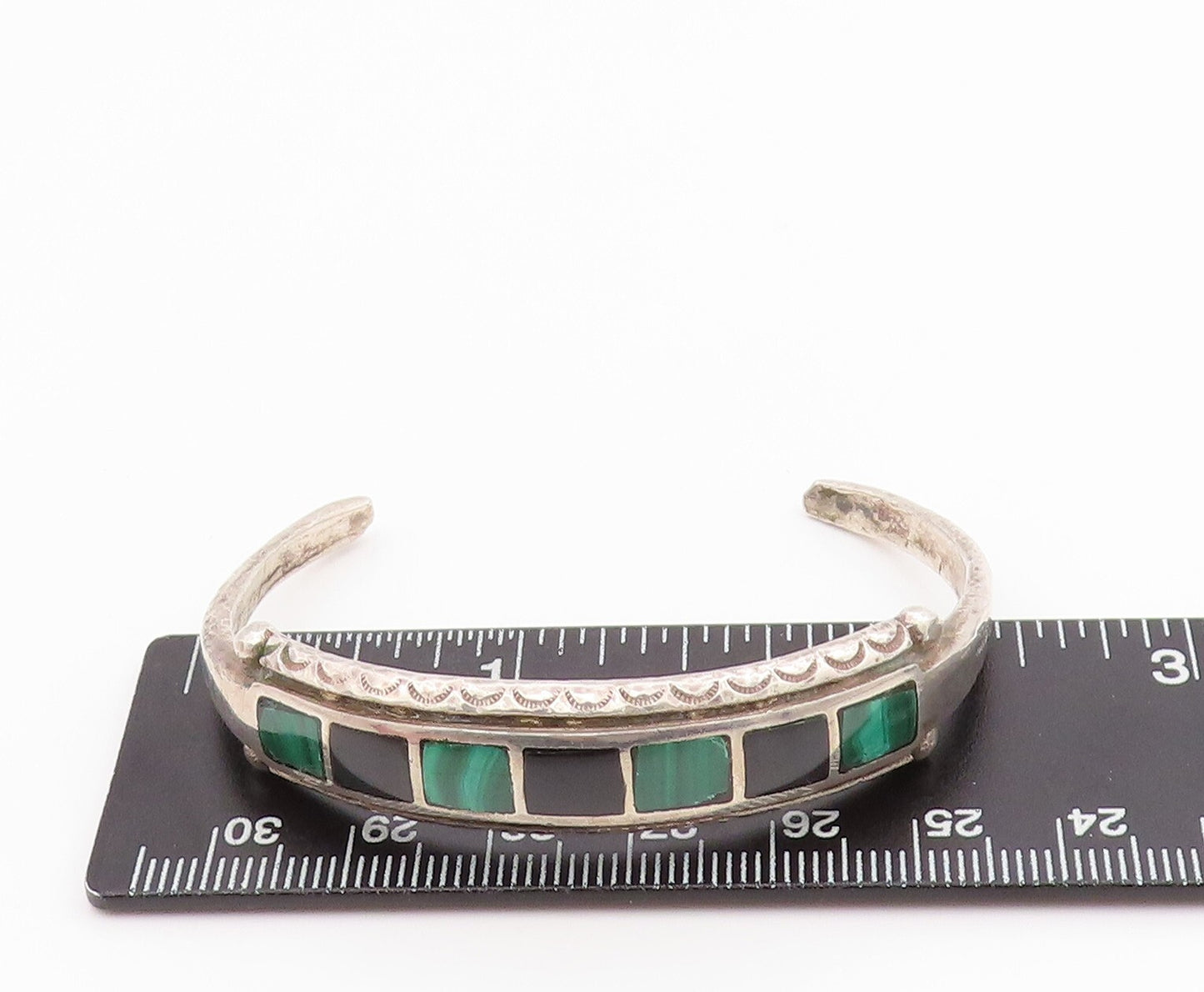 925 Sterling Silver Vintage Bracelet NAVAJO ZUNI Square Gemstone Inlay  BT10989