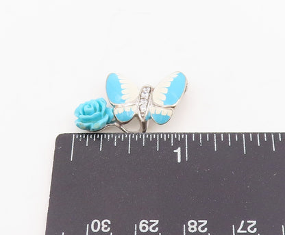 925 Sterling Silver Vintage Pendant CZ Enameled Butterfly & Rose Charm  PT25858