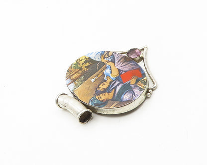 925 Sterling Silver  Vintage Amethyst Enamel Scene Slide Pendant  PT14735