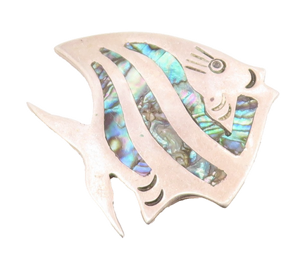 MEXICO 925 Silver  Vintage Abalone Shell Striped Fish Brooch Pin  BP7791