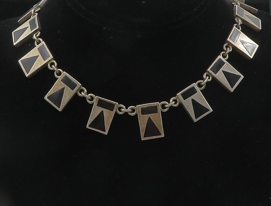 MEXICO 925 Sterling Silver Vintage Inlaid Black Stone Chain Necklace  NE1967