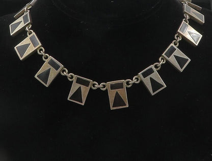 MEXICO 925 Sterling Silver Vintage Inlaid Black Stone Chain Necklace  NE1967