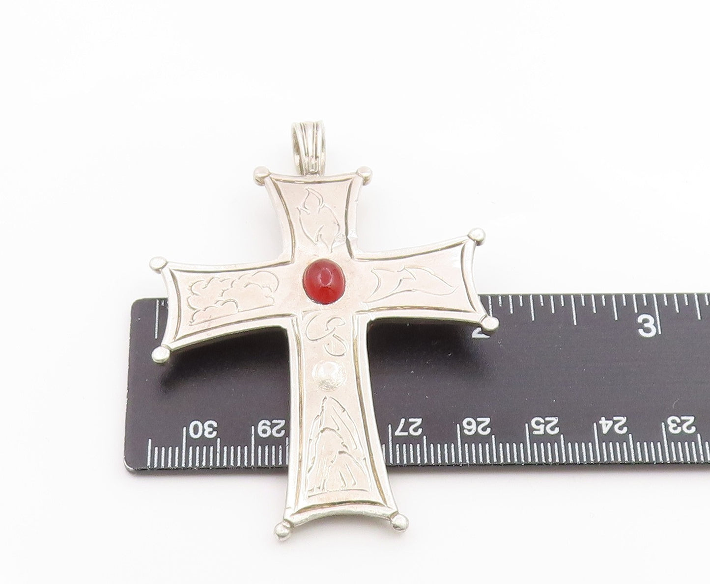 925 Sterling Silver Vintage Pendant Carnelian Modernist Religious Cross  PT26259