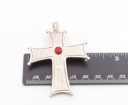 925 Sterling Silver Vintage Pendant Carnelian Modernist Religious Cross  PT26259