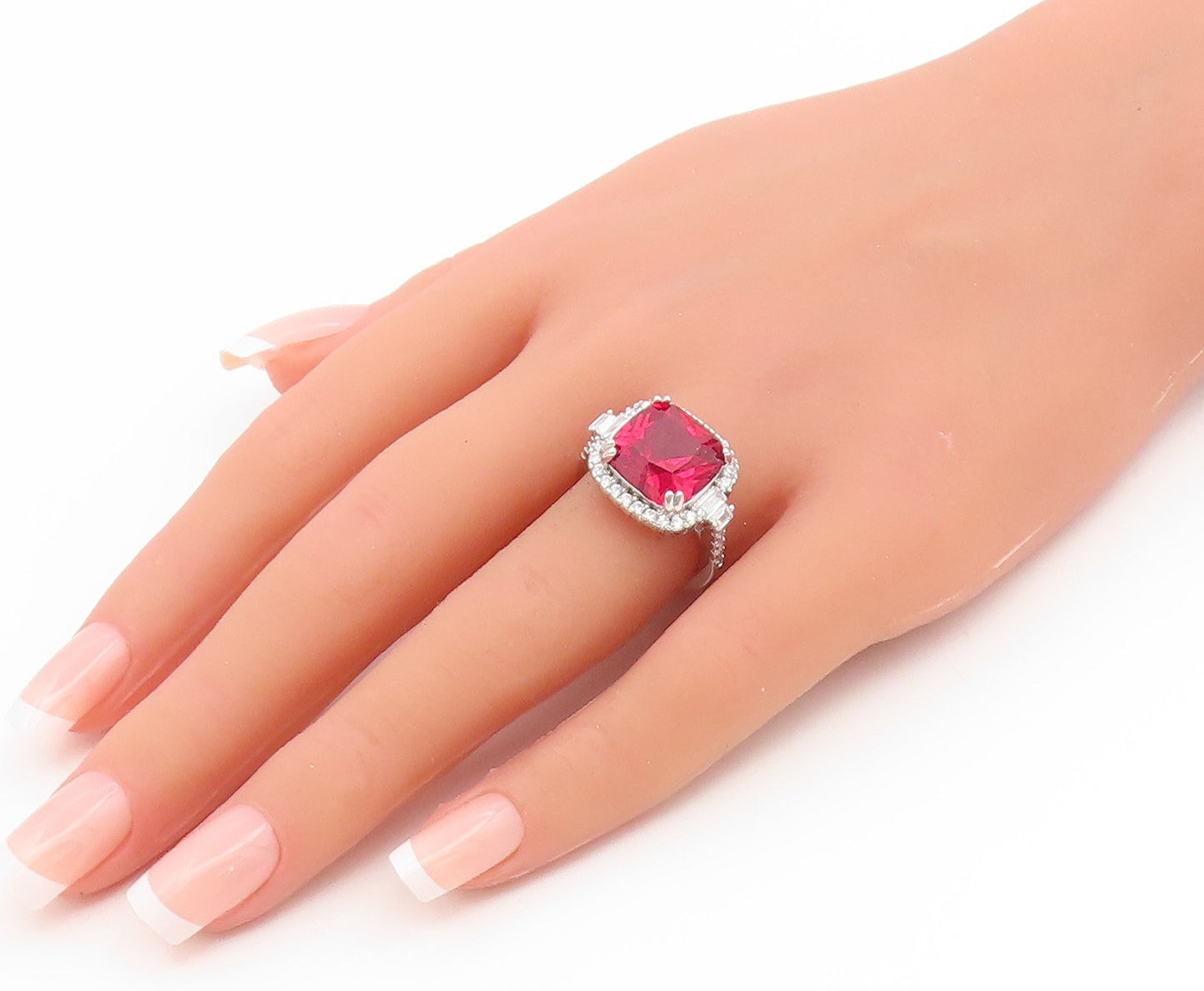 925 Sterling Silver Vintage Ring Elegant Ruby & Halo CZ Band  Sz 6.5  RG35062