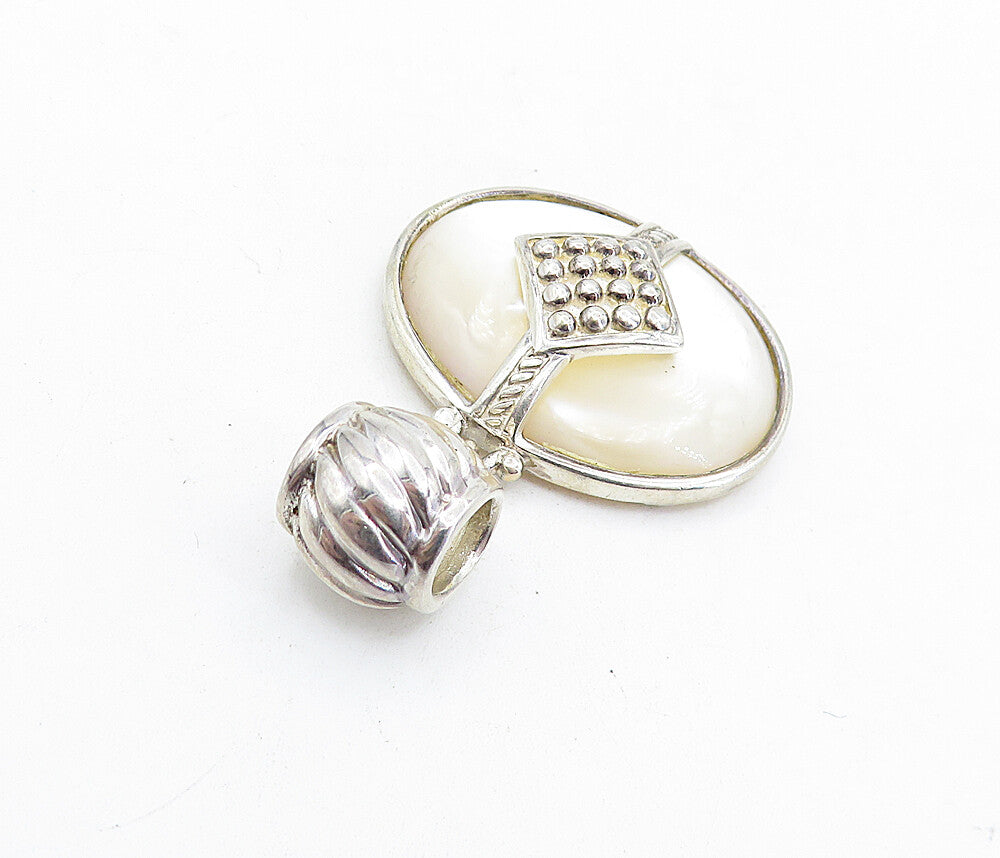 925 Sterling Silver  Vintage Mother Of Pearl Fluted Bail Oval Pendant  PT4585
