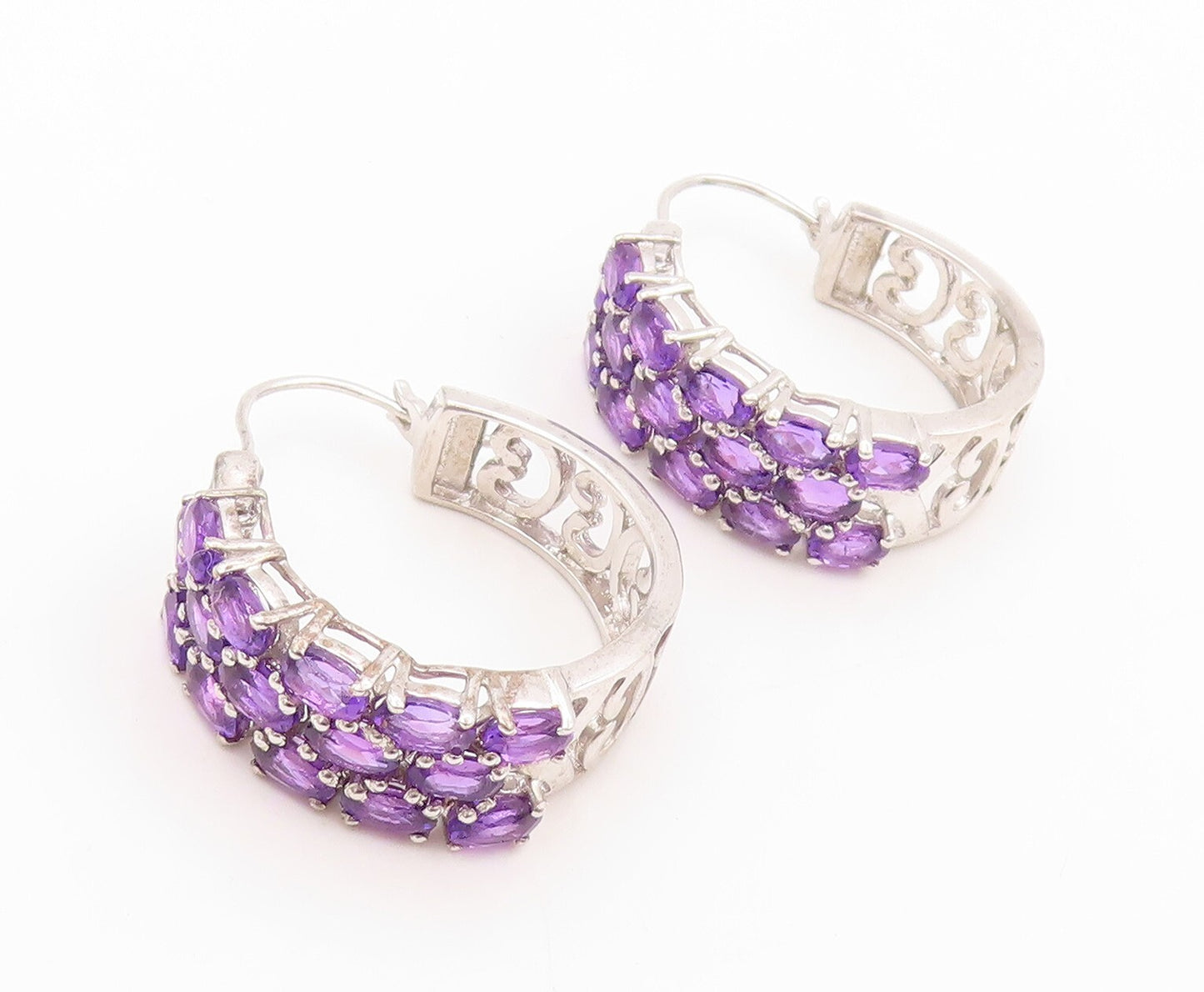 925 Sterling Silver Vintage Earrings Oval Amethyst Inlay Carved Hoops  EG13401