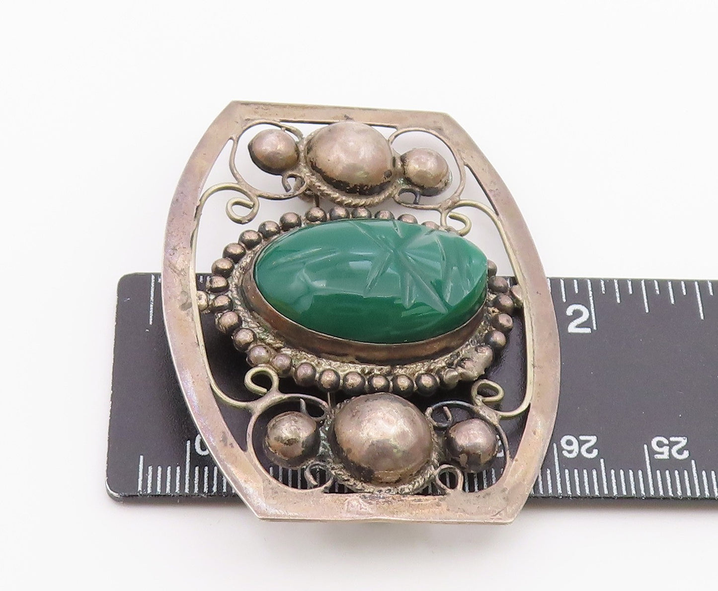 MEXICO 925 Silver  Vintage Antique Face Carved Jade Swirl Brooch Pin  BP4318