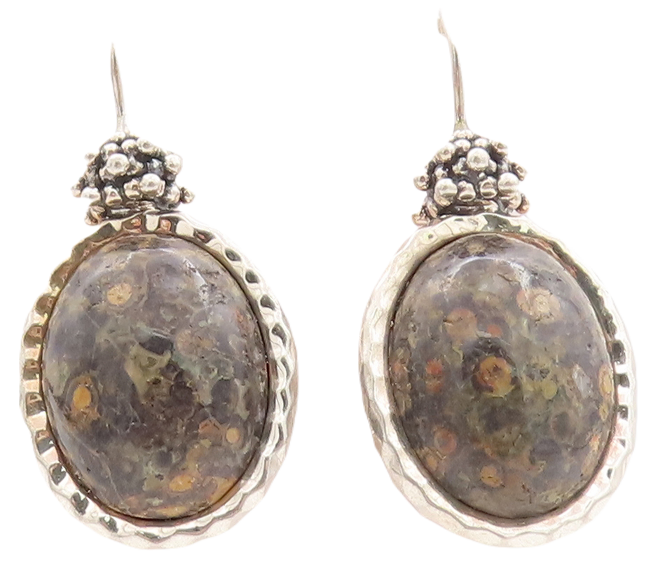 925 Sterling Silver Vintage Earrings Beaded Top Oval Fossil Agate  EG13113