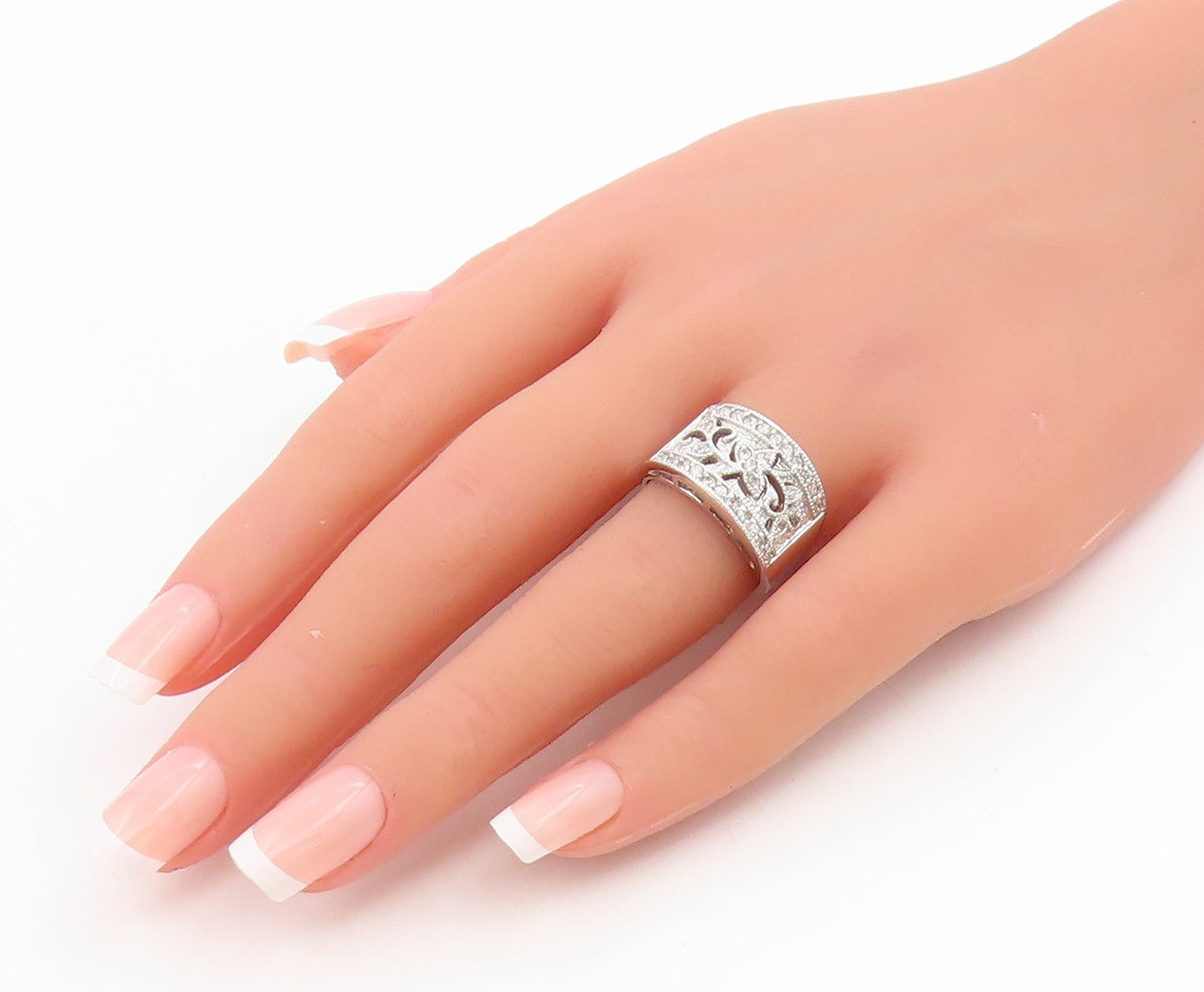 925 Sterling Silver Vintage Ring Elegant CZ Openwork Floral Band Sz 7.5 RG34925