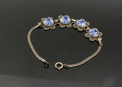 925 Sterling Silver  Vintage Enamel Windmill Scene Chain Bracelet  BT8659