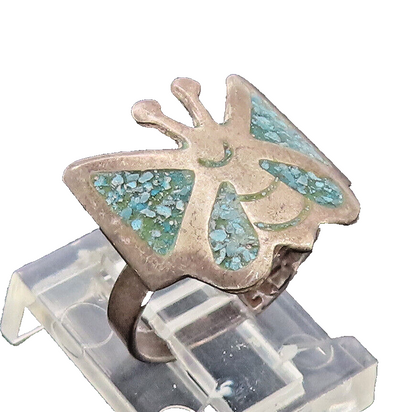 925 Sterling Silver Vintage Ring Crushed Turquoise Inlay Butterfly Sz 5  RG27649