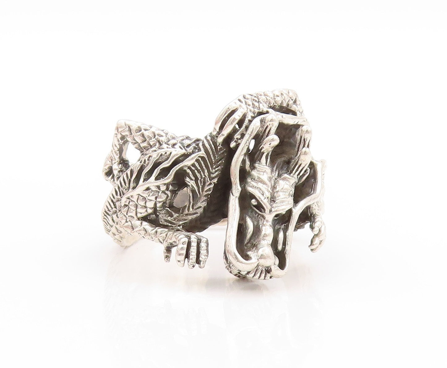 925 Sterling Silver Vintage Ring Dark Tone Large Chinese Dragon  Sz 5  RG32856
