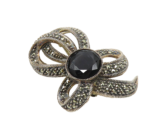 JUDITH JACK 925 Silver  Vintage Black Hematite & Marcasite Brooch Pin  BP7041