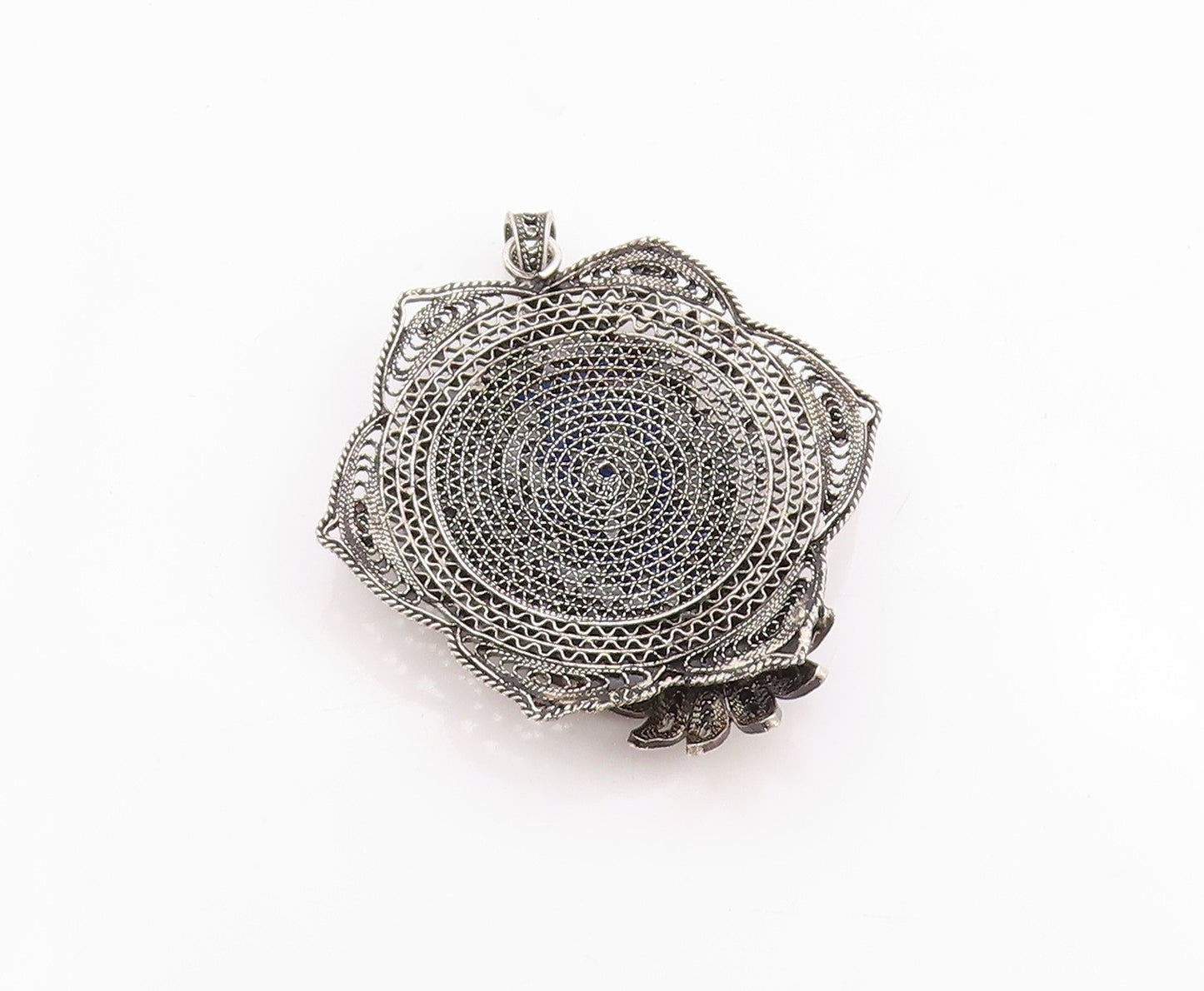 925 Sterling Silver Vintage Pendant Gemstone Dark Tone Floral Filigree  PT24762