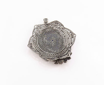 925 Sterling Silver Vintage Pendant Gemstone Dark Tone Floral Filigree  PT24762