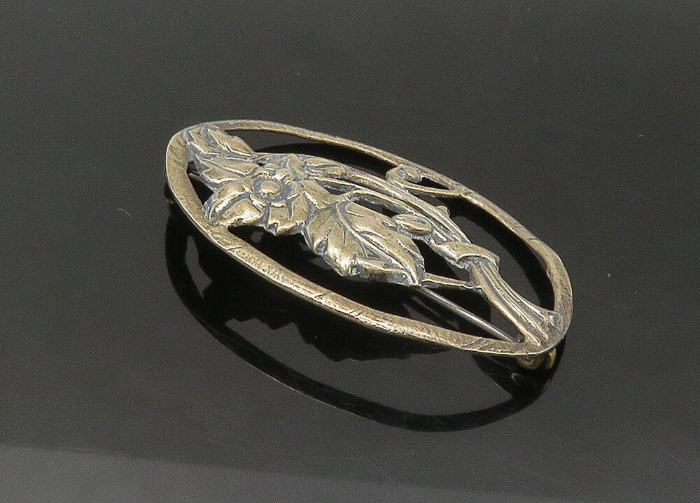 925 Sterling Silver  Vintage Dark Tone Floral Motif Oval Brooch Pin  BP8650