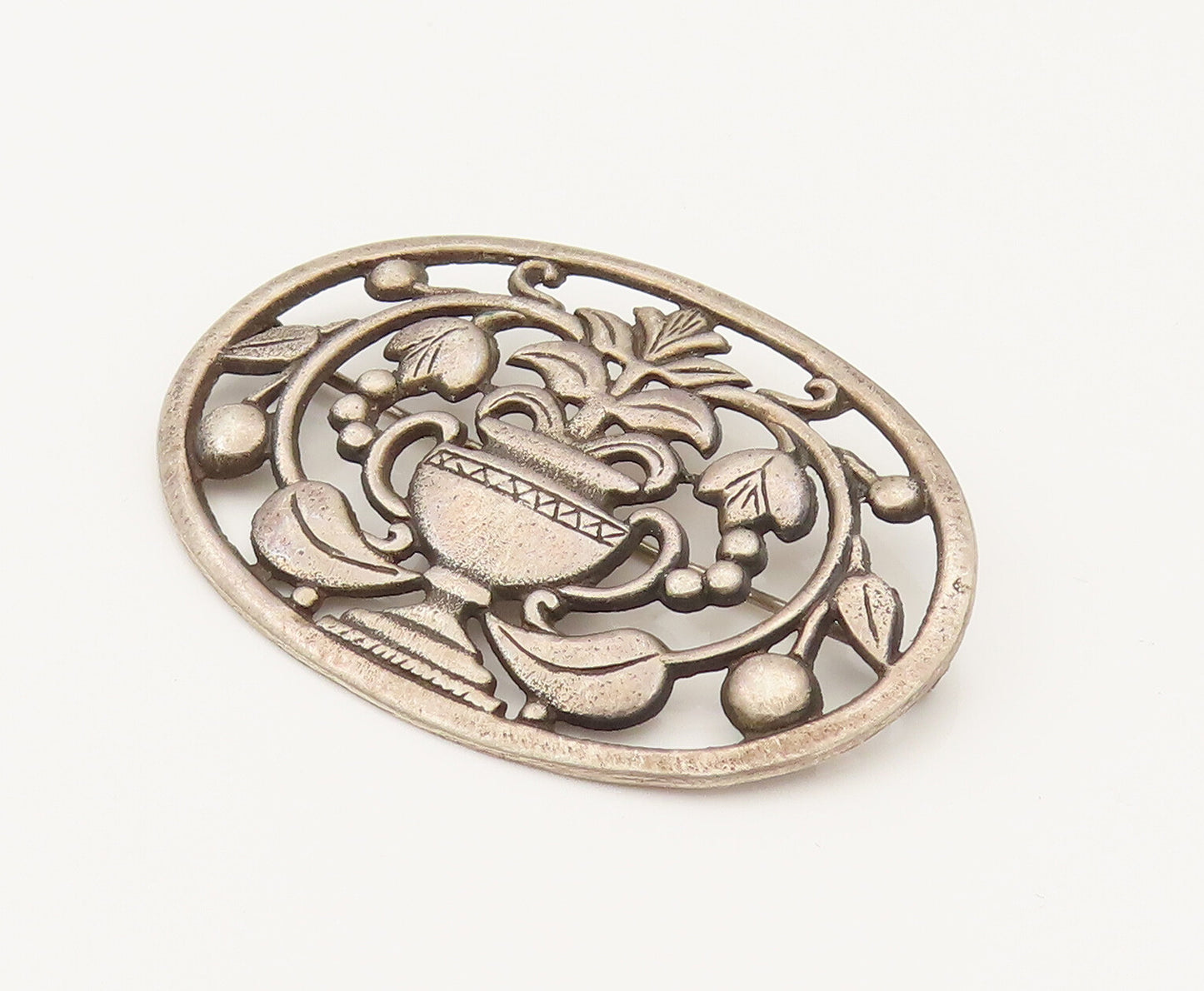 925 Silver  Vintage Antique Plant Vase & Cherry Vine Brooch Pin  BP10254