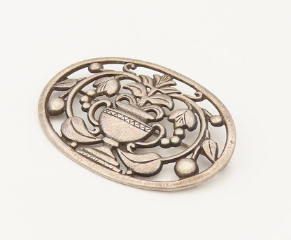 925 Silver  Vintage Antique Plant Vase & Cherry Vine Brooch Pin  BP10254