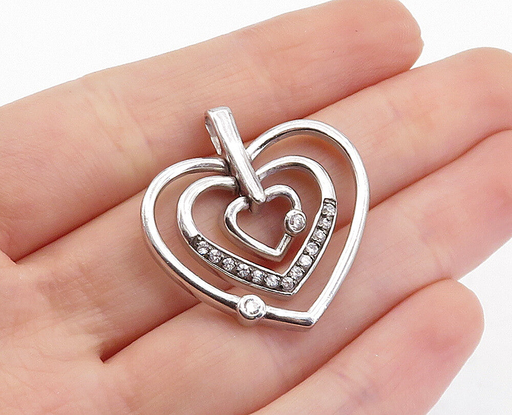 925 Sterling Silver  Vintage Cubic Zirconia Open Love Hearts Pendant  PT2896