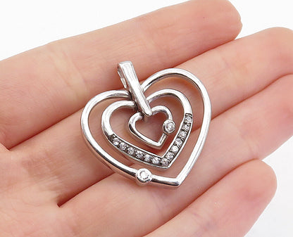 925 Sterling Silver  Vintage Cubic Zirconia Open Love Hearts Pendant  PT2896